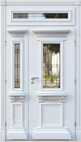 Фото «Металлическая белая двустворчатая с фрамугой со стеклом и ковкой №417»