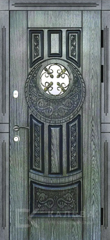 Фото «Железная дверь графит под дерево с круглым стеклом и ковкой №24»