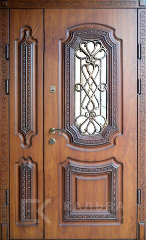 Фото «Металлическая двупольная дверь орех с остеклением и ковкой №409»